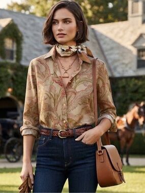 Vintage Ralph Lauren Chaps 100% Cotton Tan & Red Paisley Button Blouse